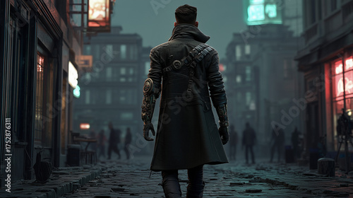 A lone figure from behind, featuring intricate bionic arm details and a long coat, navigates a rain-slicked urban landscape under foggy, futuristic city lights at night.