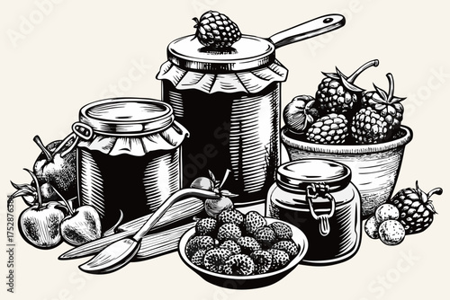 Homemade Berry Jam and Preserves with Fresh Fruits and Mason Jars – Vintage Line Art.