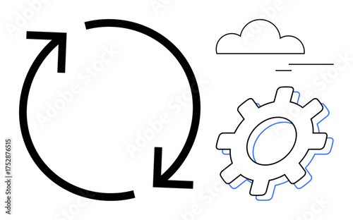 Rotating arrows forming a loop next to a gear and cloud. Ideal for workflow, automation, innovation, process optimization, cloud technology, system upgrade, and creativity. Simple flat metaphor