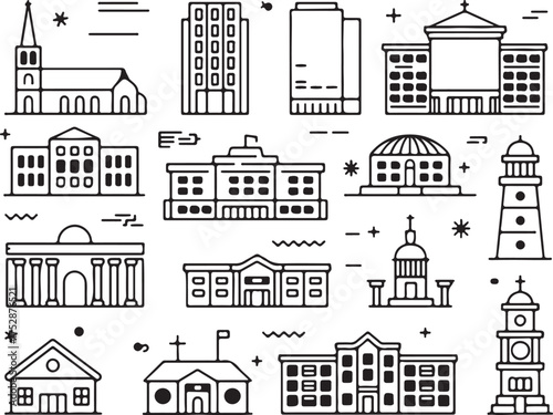 Collection of Simple Line Art of Various Buildings and Architectural Structures