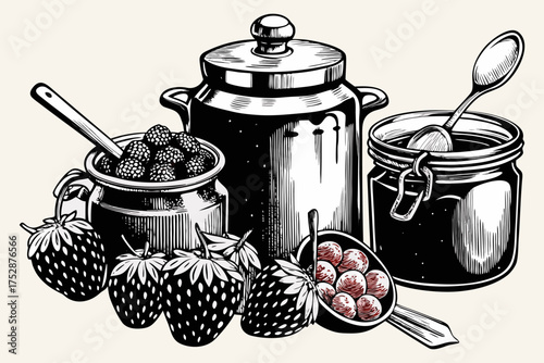Homemade Berry Jam and Preserves with Fresh Fruits and Mason Jars – Vintage Line Art.