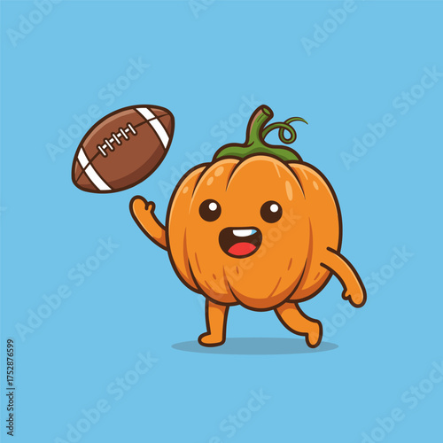 A cute, cartoon pumpkin character with a wide, happy smile and small arms and legs is throwing or catching a brown American football. The background is a solid, light blue color.