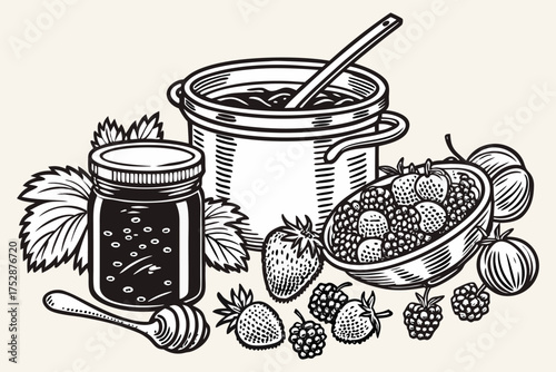 Homemade Berry Jam and Preserves with Fresh Fruits and Mason Jars – Vintage Line Art.