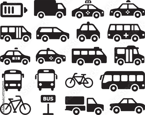 Transportation Icons Set Featuring Cars, Buses, Ambulances, and Bicycles
