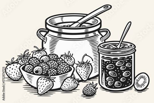 Homemade Berry Jam and Preserves with Fresh Fruits and Mason Jars – Vintage Line Art.