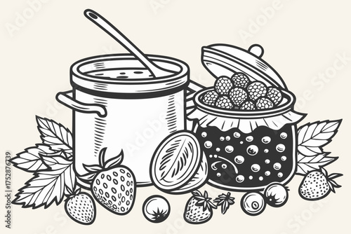 Homemade Berry Jam and Preserves with Fresh Fruits and Mason Jars – Vintage Line Art.