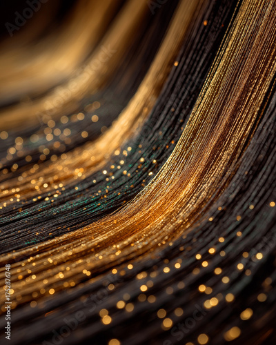 Golden Strands: Captivating close-up showcasing the flowing elegance of golden and dark threads, artfully arranged to create a dynamic, textured surface and visual display. 