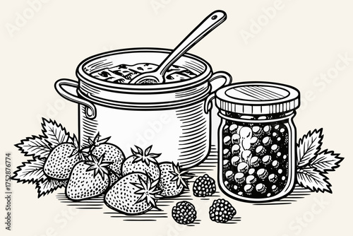 Homemade Berry Jam and Preserves with Fresh Fruits and Mason Jars – Vintage Line Art.