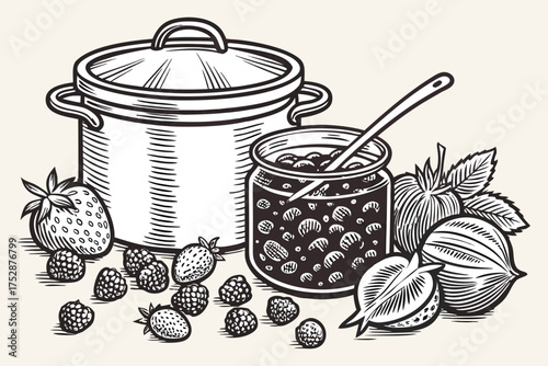 Homemade Berry Jam and Preserves with Fresh Fruits and Mason Jars – Vintage Line Art.