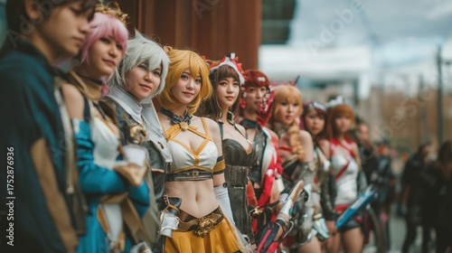 Group of people wearing a cosplay outfit of different anime characters posing at anime exhibition