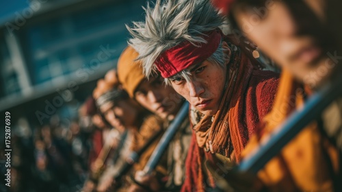Group of people wearing a cosplay outfit of different anime characters posing at anime exhibition