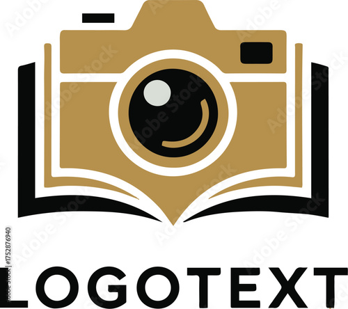 Isolated on white background, camera and book logo, photography and education concept