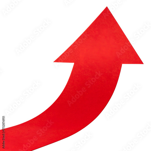 Vivid red upward arrow, curved and isolated on a black background, indicating progress