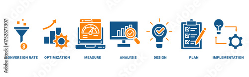 CRO icon set vector concept with icon of conversion rate, optimization, measure, analysis, design, plan, implementation 