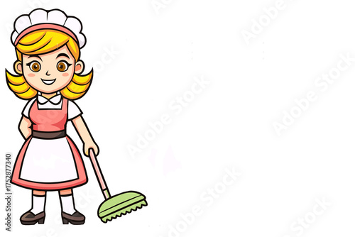 Cleanliness and order.Yong maid with mop on white