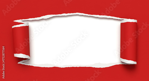 A red paper with a large tear revealing a white background and curled edges on both sides of the tear