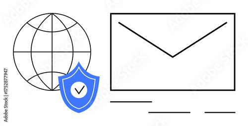Globe outline, envelope icon, and shield with checkmark representing secure email, data protection, international communication, privacy, cybersecurity, email encryption, and trusted messaging