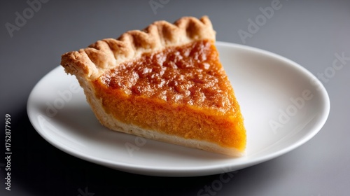 Delicate slice of pumpkin pie on a simple white plate, showcasing a golden filling and buttery crust. The warm tones evoke the essence of autumn gatherings and sweet indulgence