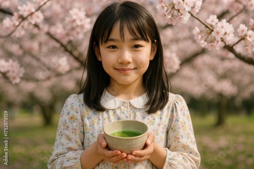 Girl with Matcha Tea in Cherry Blossom Garden. Spring Tea Ceremony under Sakura Trees. AI Generative.