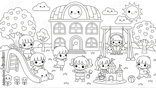 Happy children play in a park playground outline. Kids enjoy swings, a slide, and sandcastle building near a school. Ideal for coloring books, early learning, and educational fun