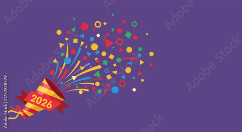 Confetti popper explodes with colorful shapes on purple backdrop celebrating the year 2026, creating a festive and celebratory mood.