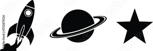 Silhouette vector illustration of a rocket, a planet, and a star, representing space exploration and astronomy