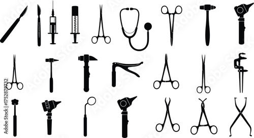 Medical instrument silhouettes showing a variety of tools used in medical procedures and operations