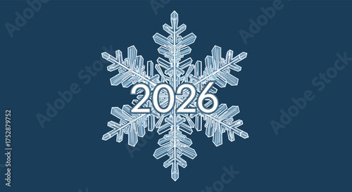 Snowflake with the year 2026 displayed in the center against a dark blue backdrop, symbolizing the upcoming winter olympics, creating a festive and anticipatory mood.