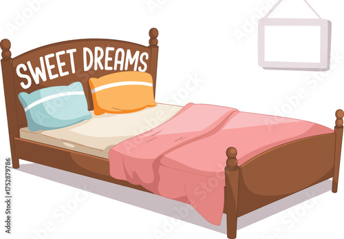 Cozy wooden bed with sweet dreams text, colorful pillows and pink blanket, comfortable bedroom furniture vector illustration for interior design