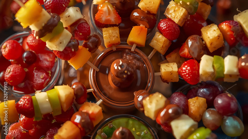 Assorted Fruit Skewers in Rainbow Chocolate Fountains