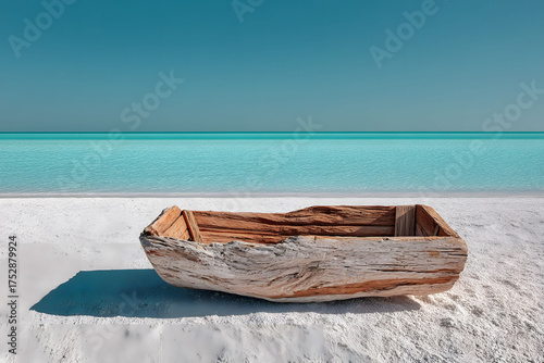 Tranquil Beach Scene with Driftwood Boat on Pristine White Sand Shores
