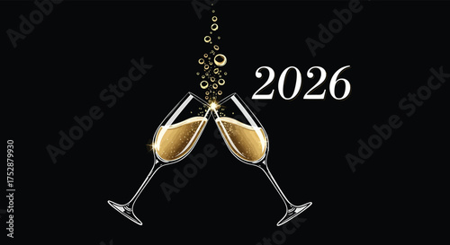 Champagne glasses toasting in celebration of the new year 2026 against a dark backdrop, symbolizing joy and anticipation for the future.
