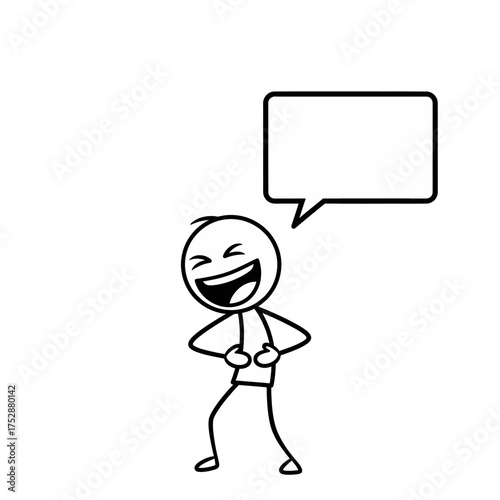 Stickman laughing with rectangular text box Simple stickman illustration with a rectangular speech box showing joyful laughter.