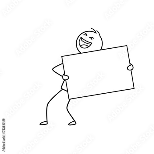 Stickman holding signboard while laughing joyfully Funny stickman character holding a blank board and laughing, ideal for text placement.