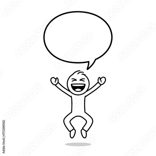 Stickman laughing with raised hands and round speech bubble Stickman illustration laughing loudly with hands raised and a round speech bubble.
