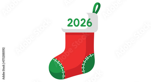 Festive christmas stocking displays the year 2026 against a stark white backdrop, evoking a sense of anticipation and holiday cheer.