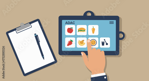 Person using digital speech board with food icons on touchscreen  