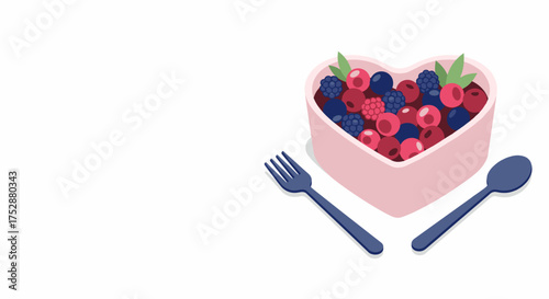 Heart-shaped bowl with mixed berries and utensils on white background  