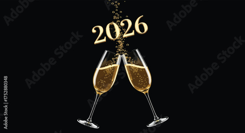 Two champagne flutes clink together celebrating the year 2026 against a dark backdrop with golden bubbles, conveying a festive and celebratory mood.