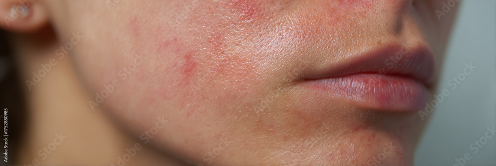 Fototapeta premium Close up of cheek with red acne spots and irritated skin showing inflammation and blemishes on young adult face