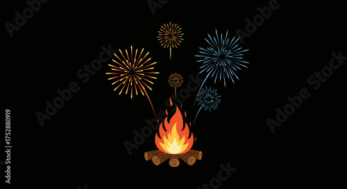 Vibrant Bonfire and Fireworks Display Against a Dark Backdrop Celebrating Special Events