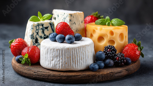 Artisanal cheese board with blue cheese, Swiss cheese, soft cheese, fresh strawberries, blueberries, and blackberries on wooden platter