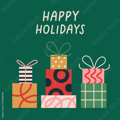 Christmas post card design with gift boxes. Festive square postcard with presents, ribbon bows, typography. Winter holidays, Xmas and New Year greeting in modern style. Flat vector illustration
