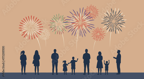 Silhouetted Crowd Watching a Fireworks Display Celebration
