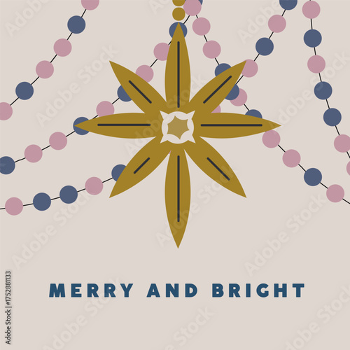 Christmas greeting card design. Festive square postcard with garland and Xmas star ornament, decoration. New Year background with holiday decor in retro vintage style. Flat vector illustration