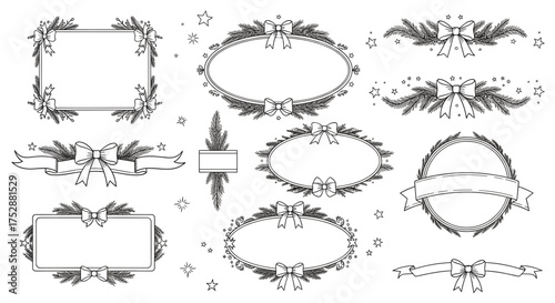 Collection of festive decorative elements including ornate frames, banners, and borders with bows and foliage, suitable for holiday or celebration designs.