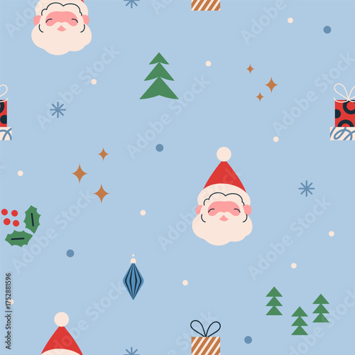 Christmas seamless pattern. Festive design with Santa Claus, snowflakes, gift...