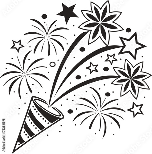 Festive fireworks bursting in celebration with a party popper cone isolated on transparent background