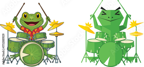 Funny cartoon frog drummer playing drums, cute amphibian musician illustration, joyful animal band concept for music celebration theme