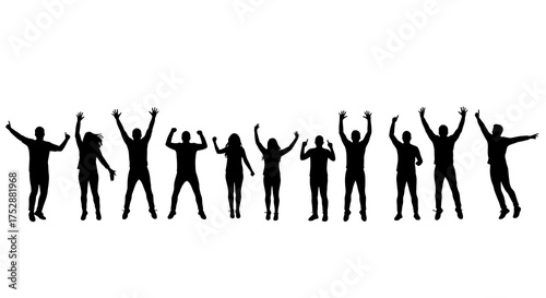 Silhouetted People Celebrating Together with Arms Raised in Joyful Exuberance